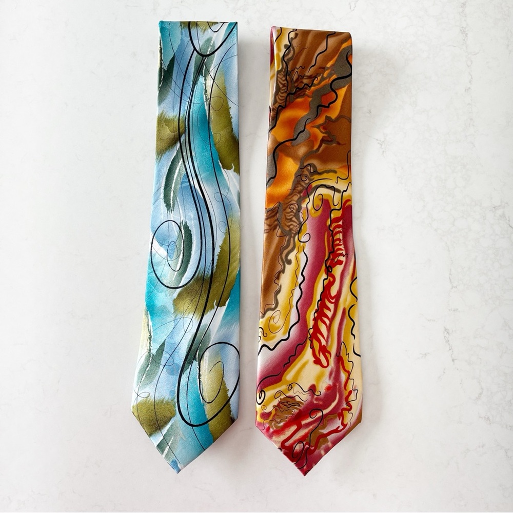 Set of Two J.‎ Garcia Artistic Silk Ties Blues and Orange and Brown